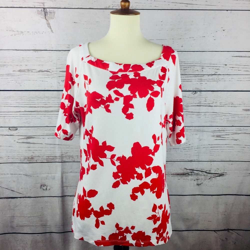 Talbots White Red Floral Square Neck Top